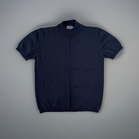 Canda Knit Top Mock Neck Short Sleeve Pullover Sweater Navy Blue L - Picture 1 of 5
